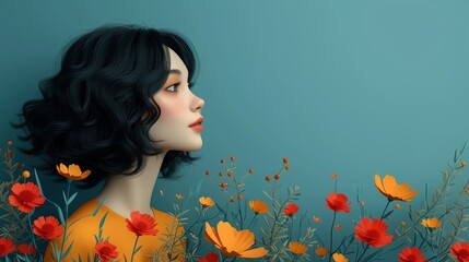 Naklejka premium a woman with black hair and orange flowers