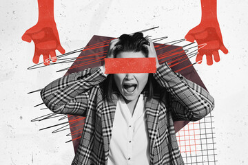 Creative template graphics collage of afraid lady scaring red bloody hands arms isolated white color background