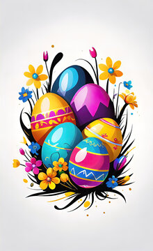 Vector illustration of Easter decorations, colorfully painted Easter eggs and spring flowers. seamless primitive pattern, children's drawings for prints, backgrounds for smartphones and shorts,