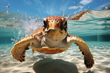 Obraz premium Underwater view of a magnificent sea turtle gracefully swimming