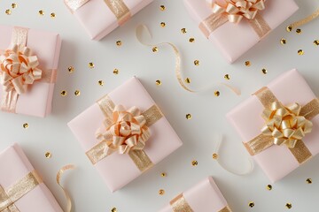 a group of pink and gold wrapped presents