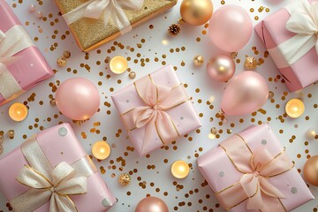 Fototapeta na wymiar a group of pink and gold wrapped presents