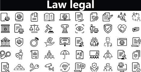 Fototapeta na wymiar Law icons line set. Agreement, insurance, Justice icon collection. Containing justice law, court legal, lawyer, judgment, authority, criminal and prison icons. Vector illustration