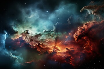 The background of a galaxy shrouded in misty clouds and illuminated by bright stars. Blurred red, blue and green shades of nebulae - obrazy, fototapety, plakaty