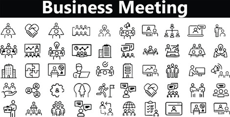 Meeting icons line set. Teamwork leader, manager, event, business meeting, presentation, interview, conference, assembly, agreement and discussion icons