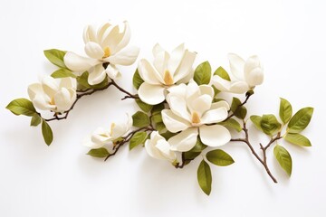 Obraz premium Blooming white and pink close-up flowers of magnolia on a branch with young leaves, growing in spring park or botanical garden, with blurred white background