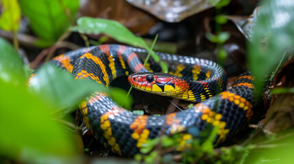 A vibrant coral snake winding its way through the lush undergrowth of a rainforest, its brightly colored bands a warning to potential predators of its potent venom.