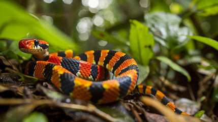 Fototapeta premium A vibrant coral snake winding its way through the lush undergrowth of a rainforest, its brightly colored bands a warning to potential predators of its potent venom.