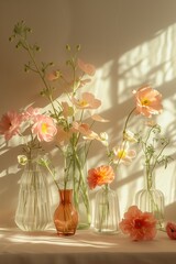 Floral spring still life in vases under sunlight. The warm rays of the morning sun illuminate delicate flowers in transparent vases.