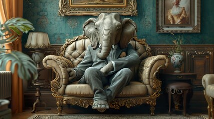 Fototapeta na wymiar Funny animal , Elephant in Suit Pondering in Vintage Room