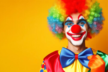 Portrait of a happy colorful clown isolated on solid bright color background. ai generative - obrazy, fototapety, plakaty