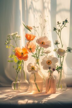 Fototapeta Spring Flowers in vases against the background of playing shadows. Floral harmony, still life in glassware, play of light and shadow on the table.