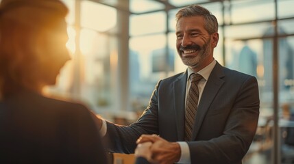 Businessman in suit shaking hands with a woman in a modern office