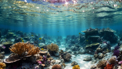 Wonderful ocean, underwater, full of colors and corals, many sea shells