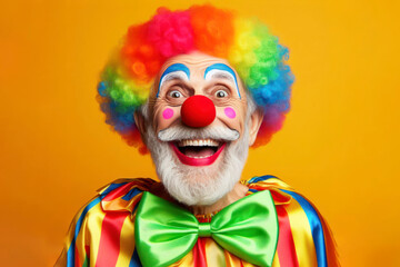 Portrait of a happy colorful old clown isolated on solid bright color background. ai generative - obrazy, fototapety, plakaty