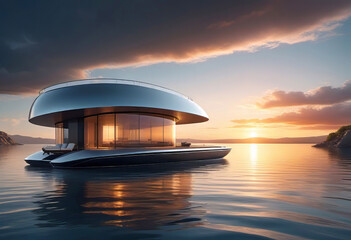 Fototapeta na wymiar Futuristic eco-friendly smart home floating on water, concept of building modern floating houses