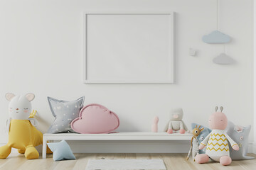 child's room decorated with dolls and stuffed animals with painting with white copyspace