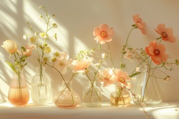 Floral arrangement, still life under sunlight. A romantic mood is created by delicate colors and streams of light.