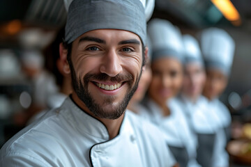 portrait of a bearded chef with his kitchen team