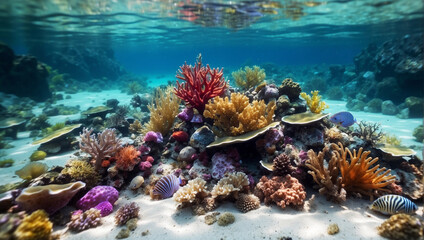 Naklejka na ściany i meble Wonderful ocean, underwater, full of colors and corals, many sea shells
