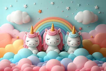 Obraz na płótnie Canvas Cute cartoon character happy magic unicorn with rainbow mane and tail. For print, design, poster, sticker, card, decoration, kids clothes