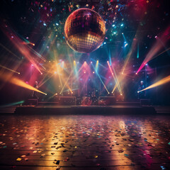 Nightclub disco ball on the stage 80s party background invitation 