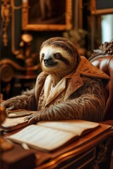 Funny animal, Sloth in Classic Study Contemplating Work