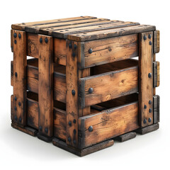 Wooden crate isolated on white background, hyperrealism, png
