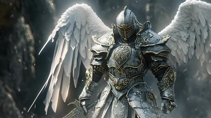 As this runecarved angel stands in a powerful stance their armor glimmers with symbols of spells and enchantments.