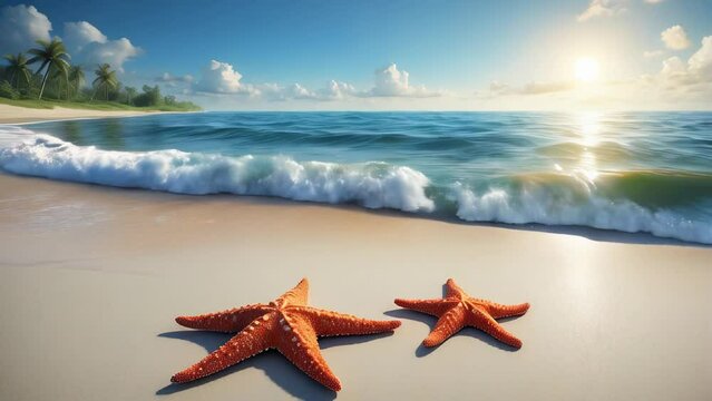 starfish on the beach with crashing waves