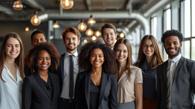 A group of diverse business professionals posing for a photo in an office