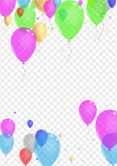 Bright Toy Background Transparent Vector. Confetti Glossy Card. Blue Fun. Pink Surprise. Balloon Isolated Border.