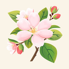 Spring sakura apple blooming flowers bouquet. Isolated realistic pink petals, blossom, branches, leaves vector set. apple tree,plum blossoming elements. Design spring tree illustration