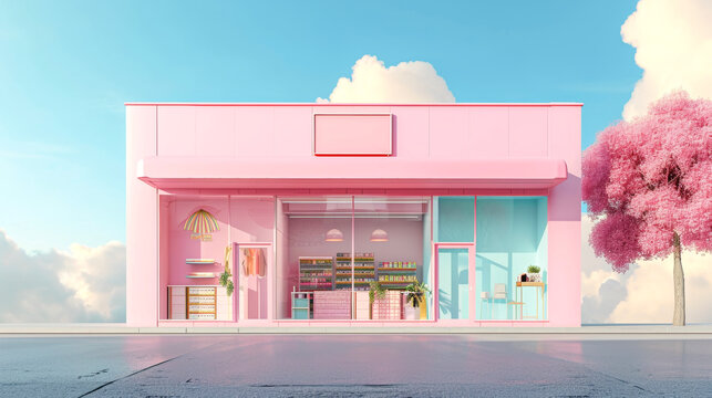 3D cute small pink store building isolated on pastel colour background.