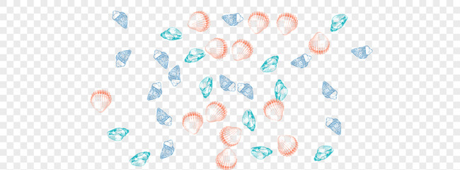 Blue Scallop Background Transparent Vector. Oyster Abstract Texture. Watercolor Design. Gray Shell Doodle Wallpaper. Orange Clam. - obrazy, fototapety, plakaty