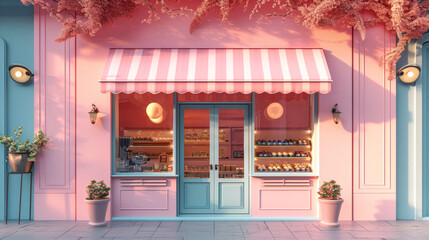 3D cute small pink store building isolated on pastel colour background.