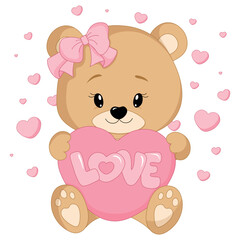 Cute teddy bear with a big pink heart isolated on a transparent background. Happy Valentine's Day. Vector illustration