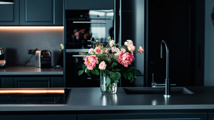 Floral Elegance in Modern Kitchen.
Elegant bouquet in a modern kitchen setting, home elegance.