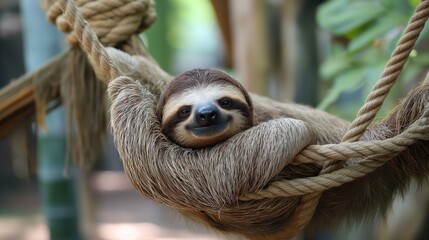 Sloth on a tree smiling