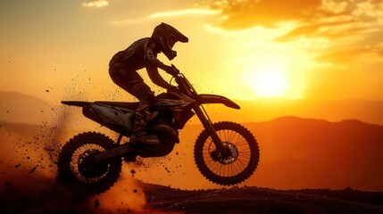 The Daring Silhouette of a Motocross Rider, Front Wheel Lifted in Adventurous Action
