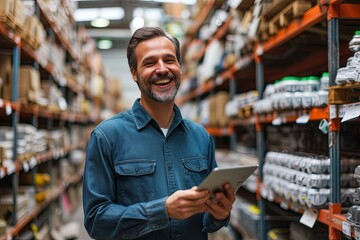 smiling and laughing salesman in a hardware warehouse standing checking supplies on his tablet