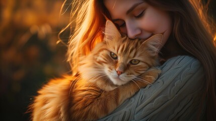 Young woman holding cute cat, Female hugging her cute long hair kitty, copy space, close up, Adorable pet concept, generative ai