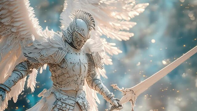 A powerful armored angel with six wings and a flaming sword reflecting the role of angels as warriors in JudeoChristian stories.
