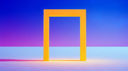 A minimalist composition with a vibrant yellow geometric frame on a blue and purple gradient background, reflecting a surreal, serene atmosphere.Abstract art concept. AI generated.