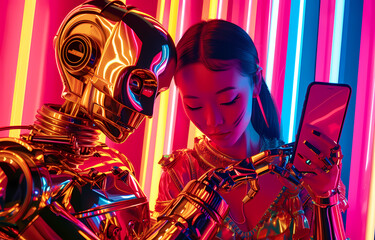  Futuristic Collaboration: Golden Robot and Asian Girl Doodling on phone Beneath Vibrant Neon Lights.