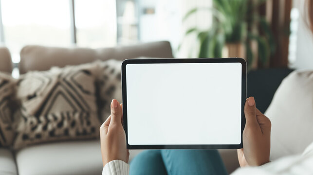 Closeup of a woman holding digital tablet with a white screen mock up at home, generative ai