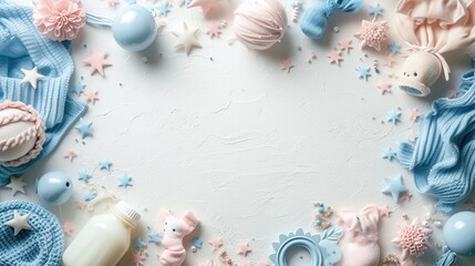 Elegant Pink and Blue Baby Shower Frame with Delicate Baby Dolls and Clothes, Ideal for Celebrating Newborn Parties and Baby Birthdays
