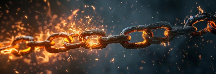 Dramatic image of heavy chains breaking apart with vivid sparks and flames against a dark background