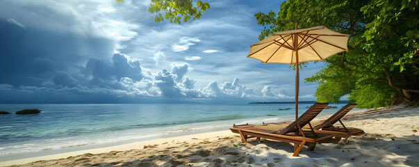 A panoramic view of lounge chairs on a beach under an umbrella against a peaceful blue sky and ocean. Beautiful beach banner with white sand conveying relaxation concepts for travel and tourism.