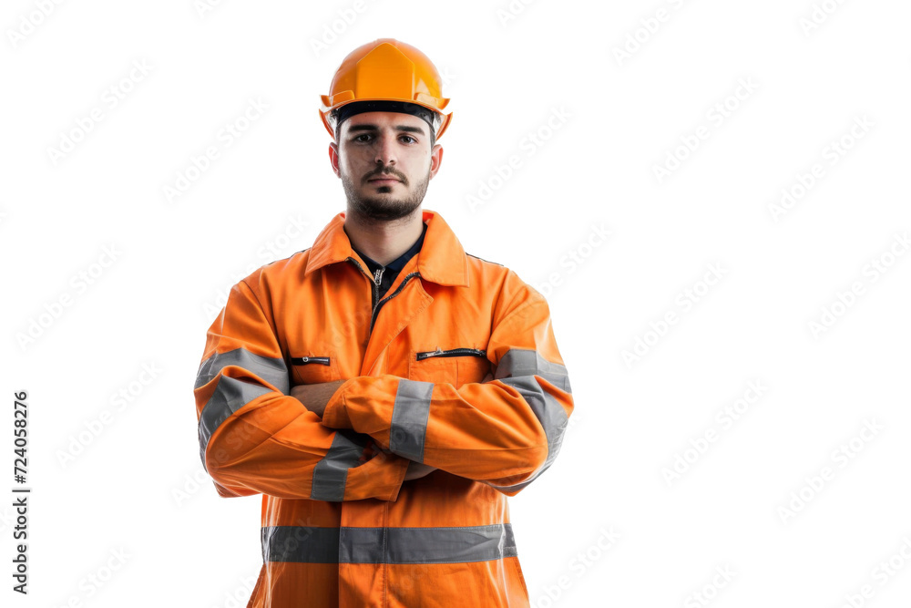 Wall mural Smart young engineer building or constructor worker with safety uniform, vest and safety hat isolated on transparent background, planning project.